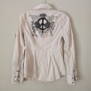 Guess Jeans Womens Beige Button-Up Shirt Embellished Y2K‎ Size XS
